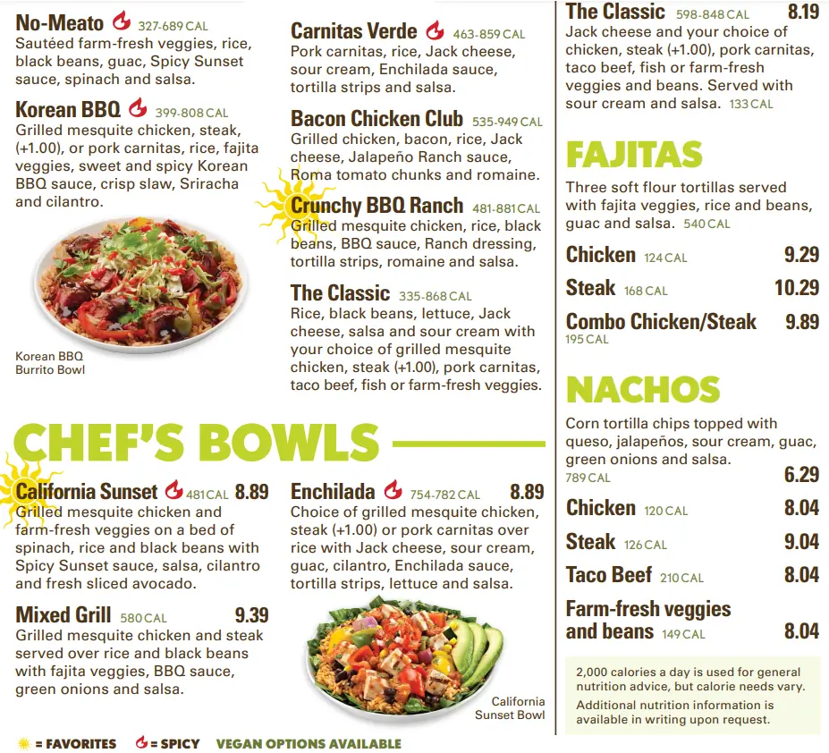 California Tortilla Menu Latest Prices USA