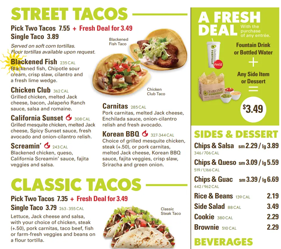 California Tortilla Menu With Prices USA