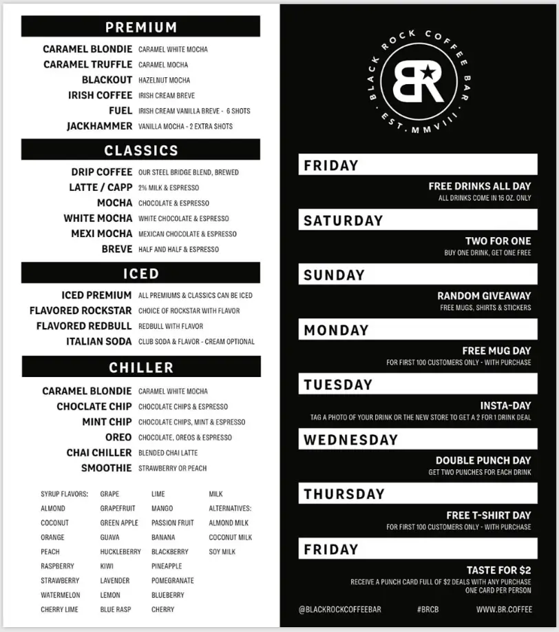 Black Rock Coffee Bar Menu Prices USA