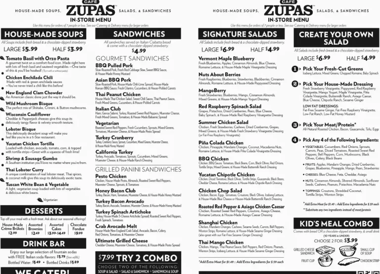 Cafe Zupas Menu USA