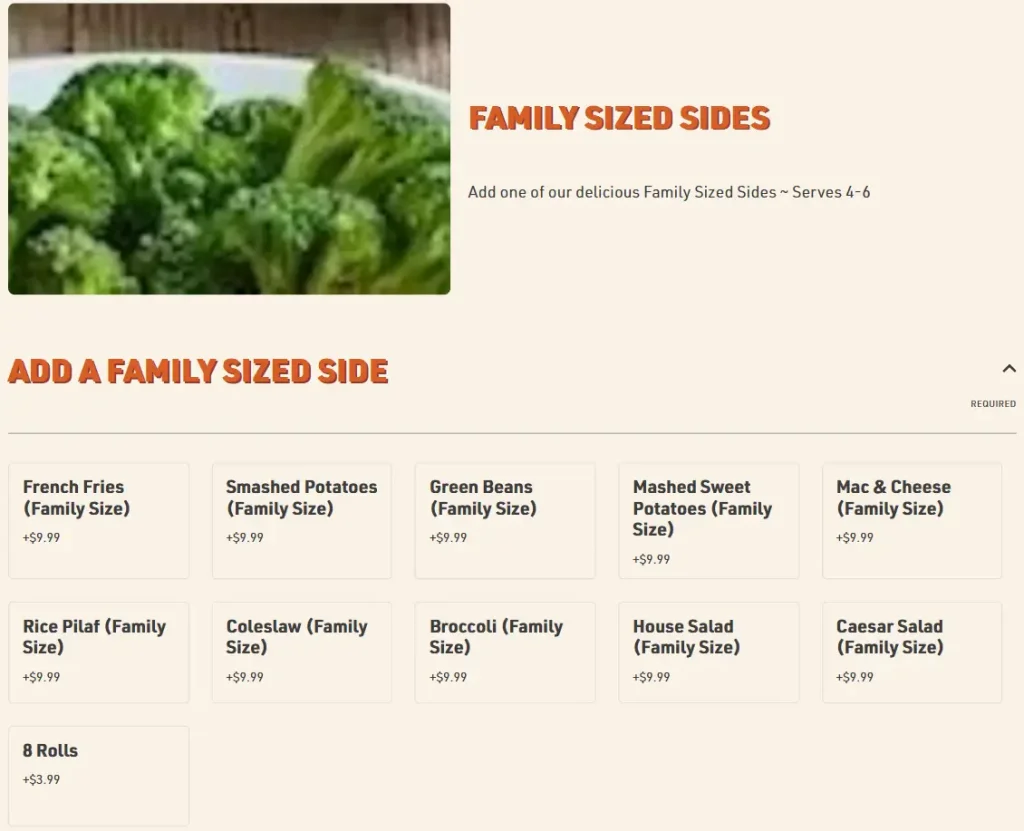 O’Charley’s Family Sized Sides Menu USA