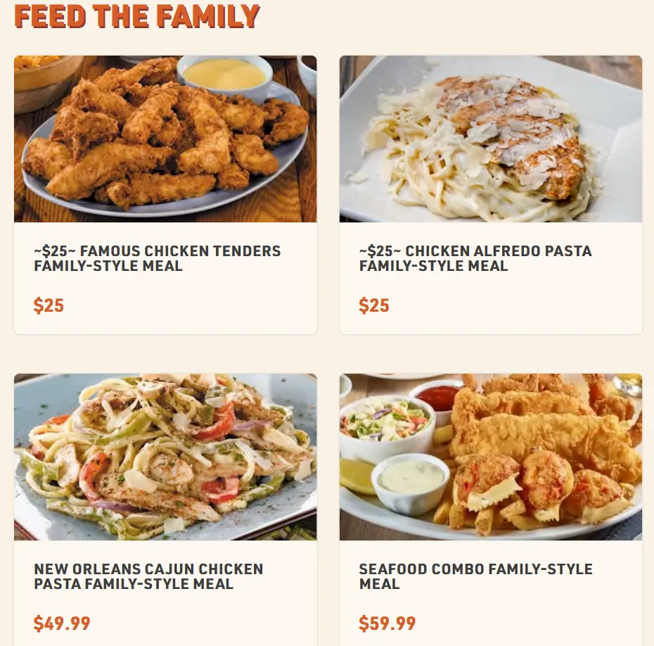 O’Charley’s Family-Style Meals Menu USA