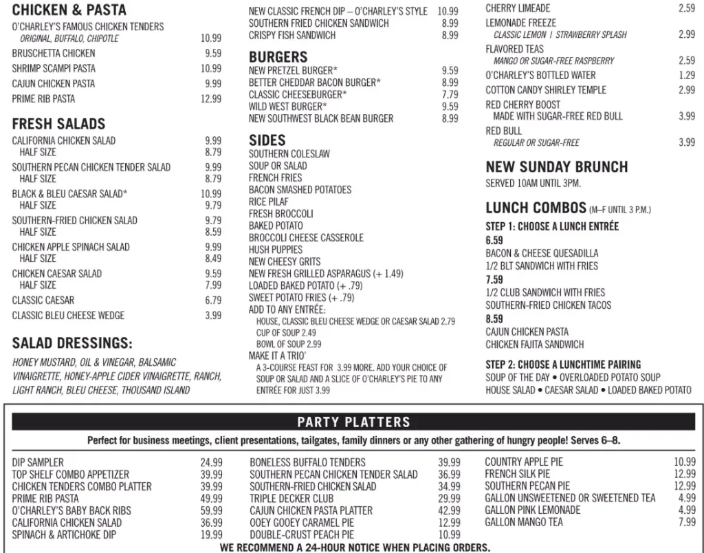 O’Charley’s Menu With Prices USA