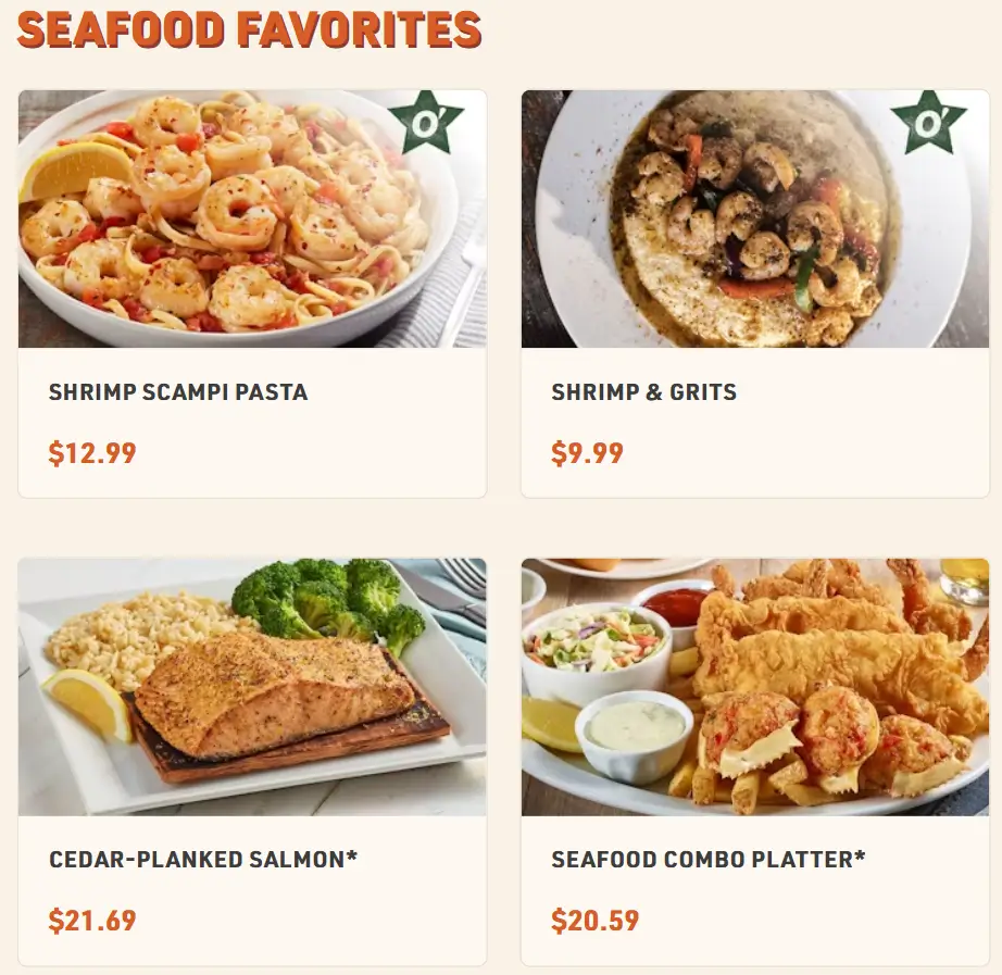 O’Charley’s Seafood Favorites Menu USA