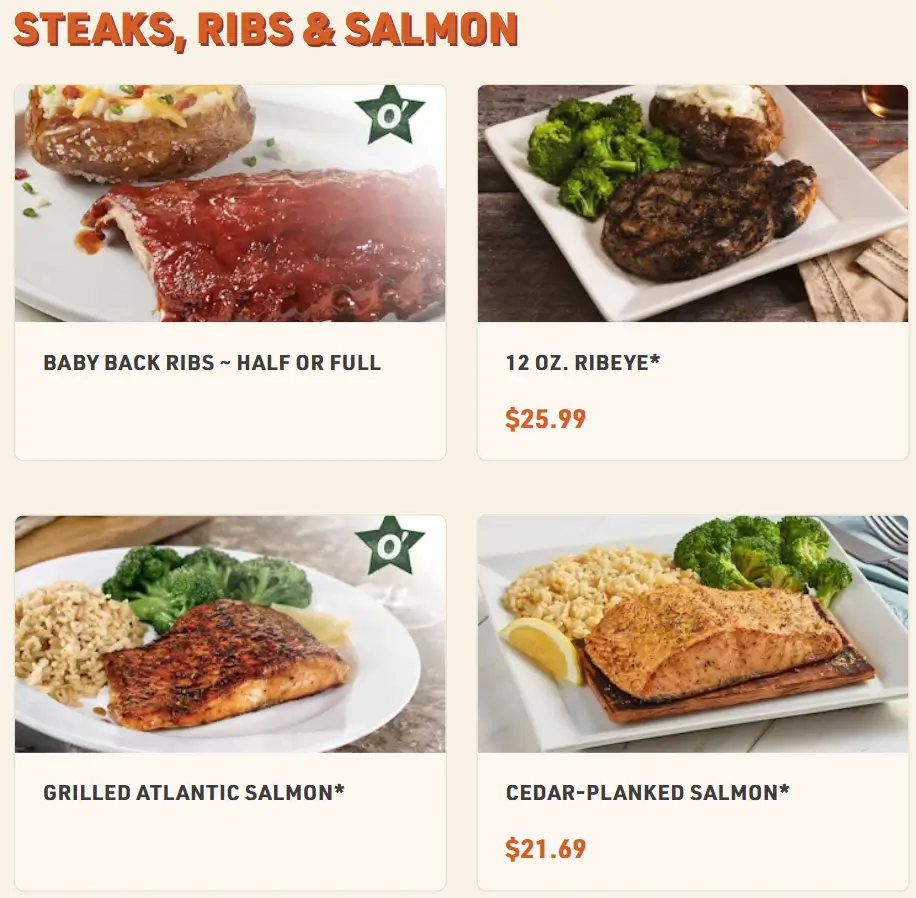 O’Charley’s Steak, Ribs & Salmon Menu USA