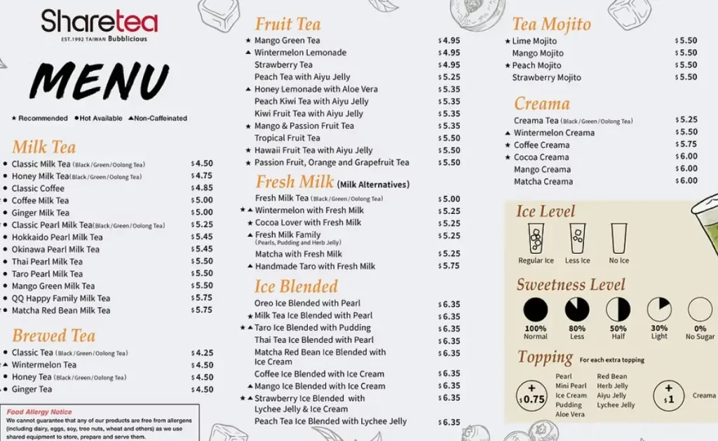 Sharetea Menu Latest Prices USA