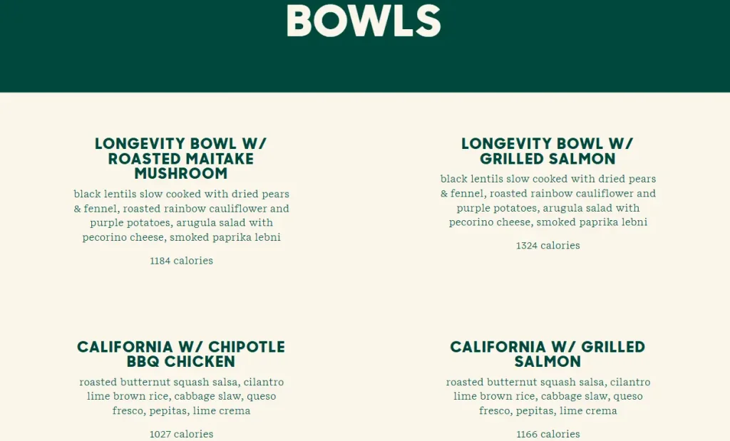 Tender Greens Bowls Menu USA