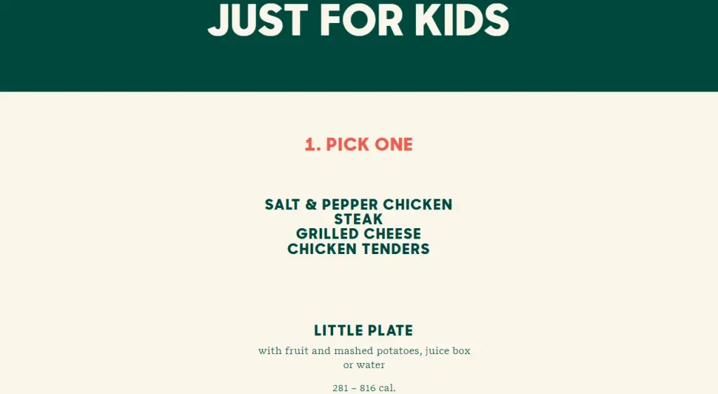 Tender Greens Kid plates Menu USA