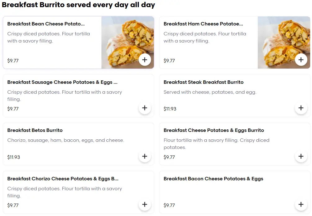 Los Betos Breakfast Burrito Menu USA