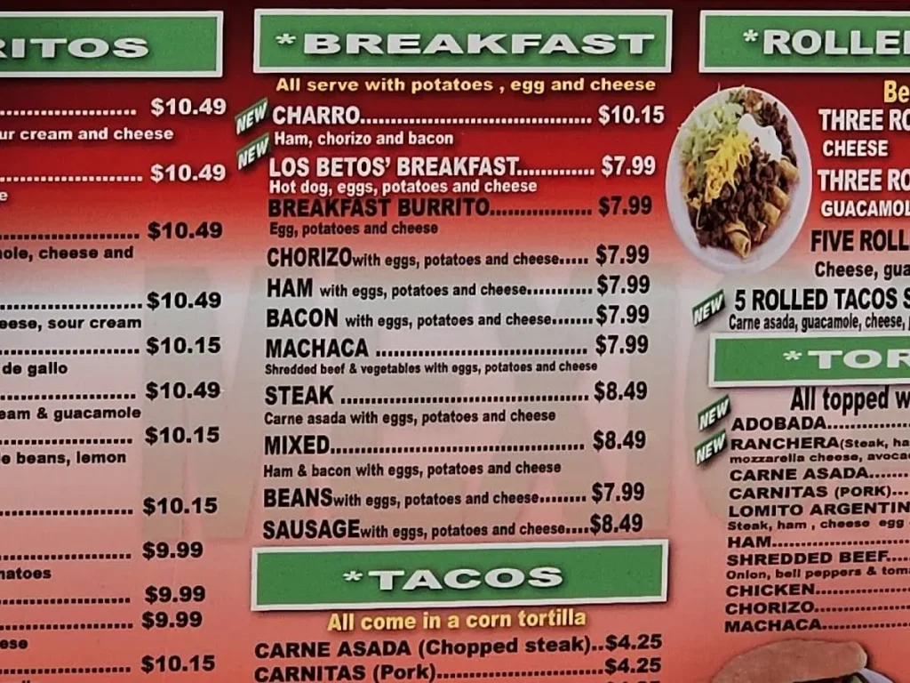 Los Betos Menu With Pictures USA